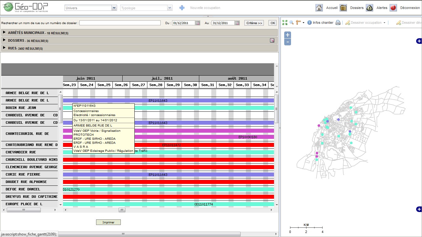 Impression d'écran de GeoODP : Consultation des événements d'un dossier sous la forme d'un diagramme de Gantt