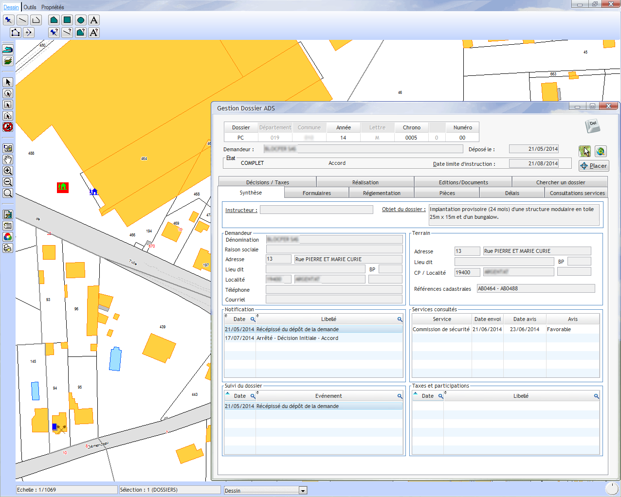 Impression d'écran de GeoADS : Synthèse d'un dossier avec vue sur carte
