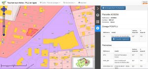 Impression d'écran de Géo-PLU : Consultation des données d'une parcelle via la carte